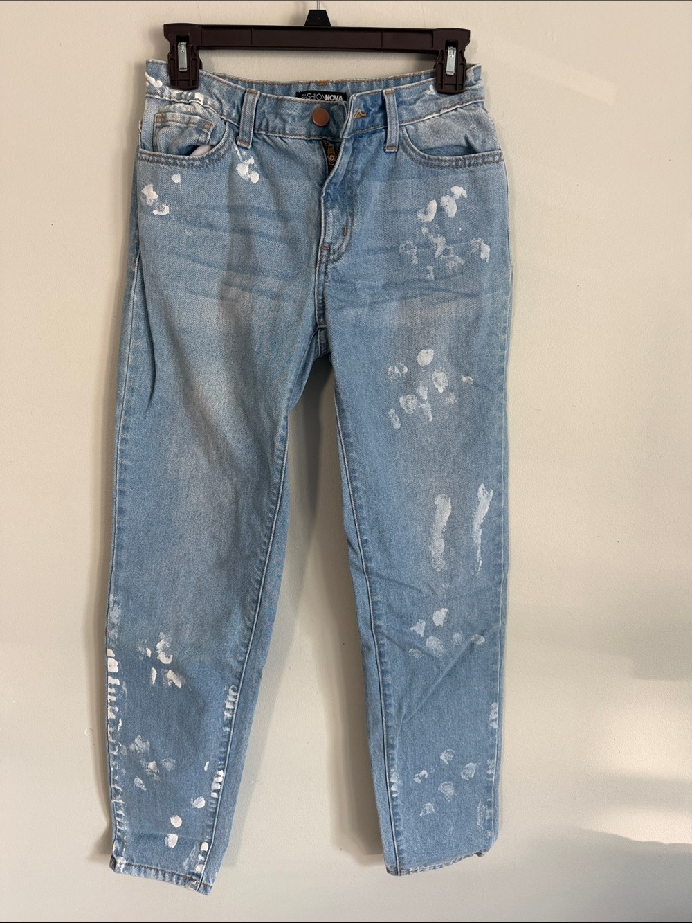 Fashion Nova Light Blue Straight-Leg Jeans with White Paint Detail